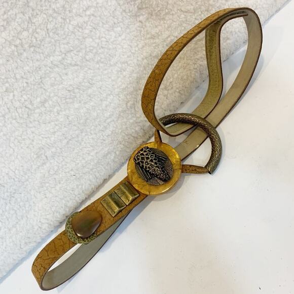 Vintage Belt Hook and Loop Fastener Brown w Brass and Stones Boho Gypsy Medium - Picture 1 of 4
